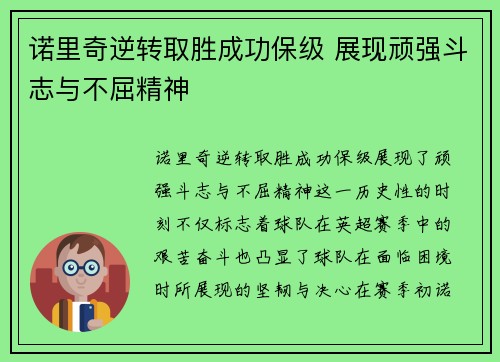 诺里奇逆转取胜成功保级 展现顽强斗志与不屈精神