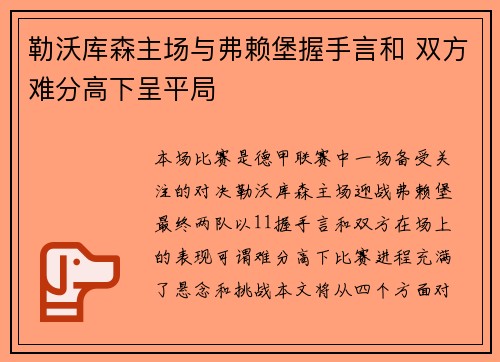 勒沃库森主场与弗赖堡握手言和 双方难分高下呈平局 勒沃库森主场与弗赖堡握手言和 双方难分高下呈平局