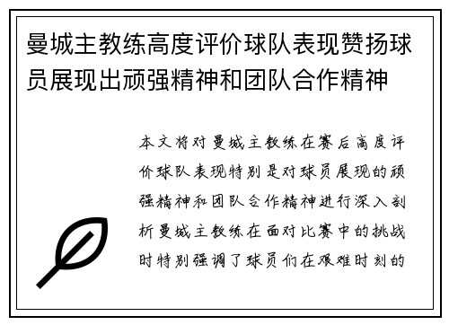 曼城主教练高度评价球队表现赞扬球员展现出顽强精神和团队合作精神